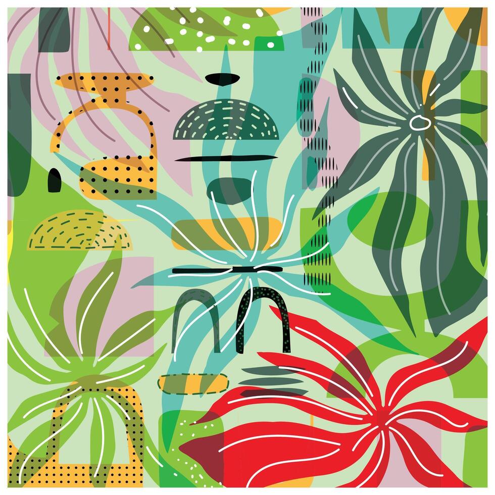 Abstract colorful pattern with overlapping organic shapes leaf flower and geometric shapes vector