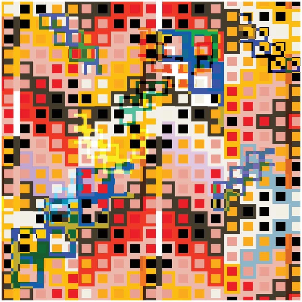 Abstract pixelated artwork featuring vibrant colors and geometric shapes, creating a dynamic visual arrangement. vector