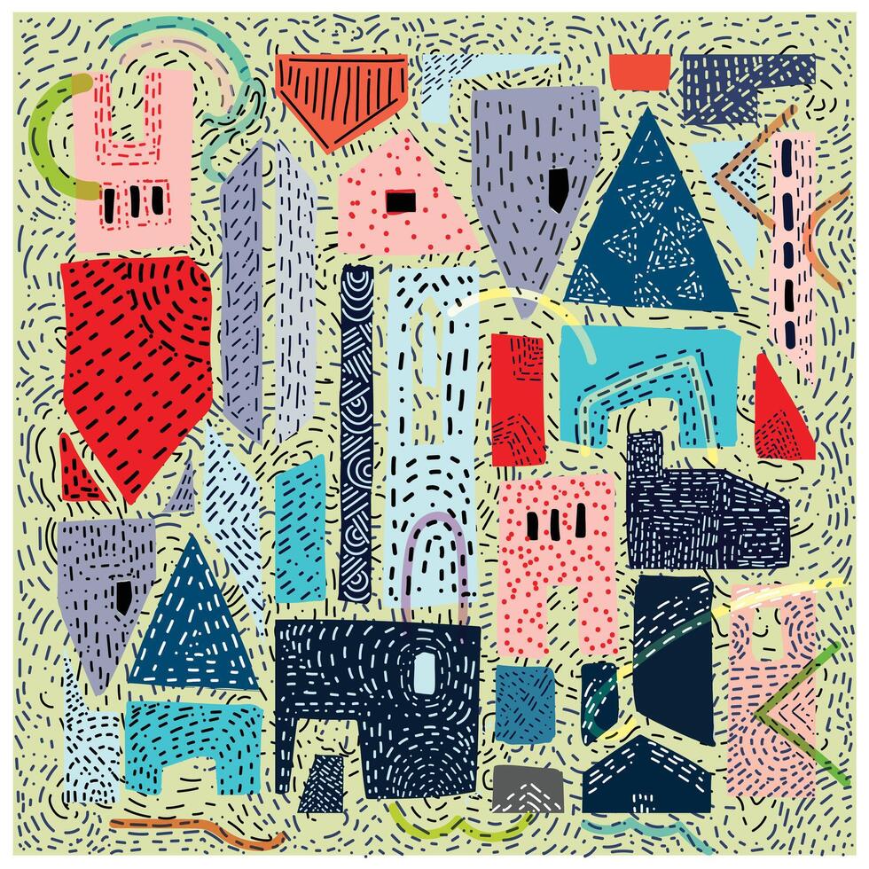 An eye-catching abstract pattern showcasing colorful houses and diverse geometric shapes. vector