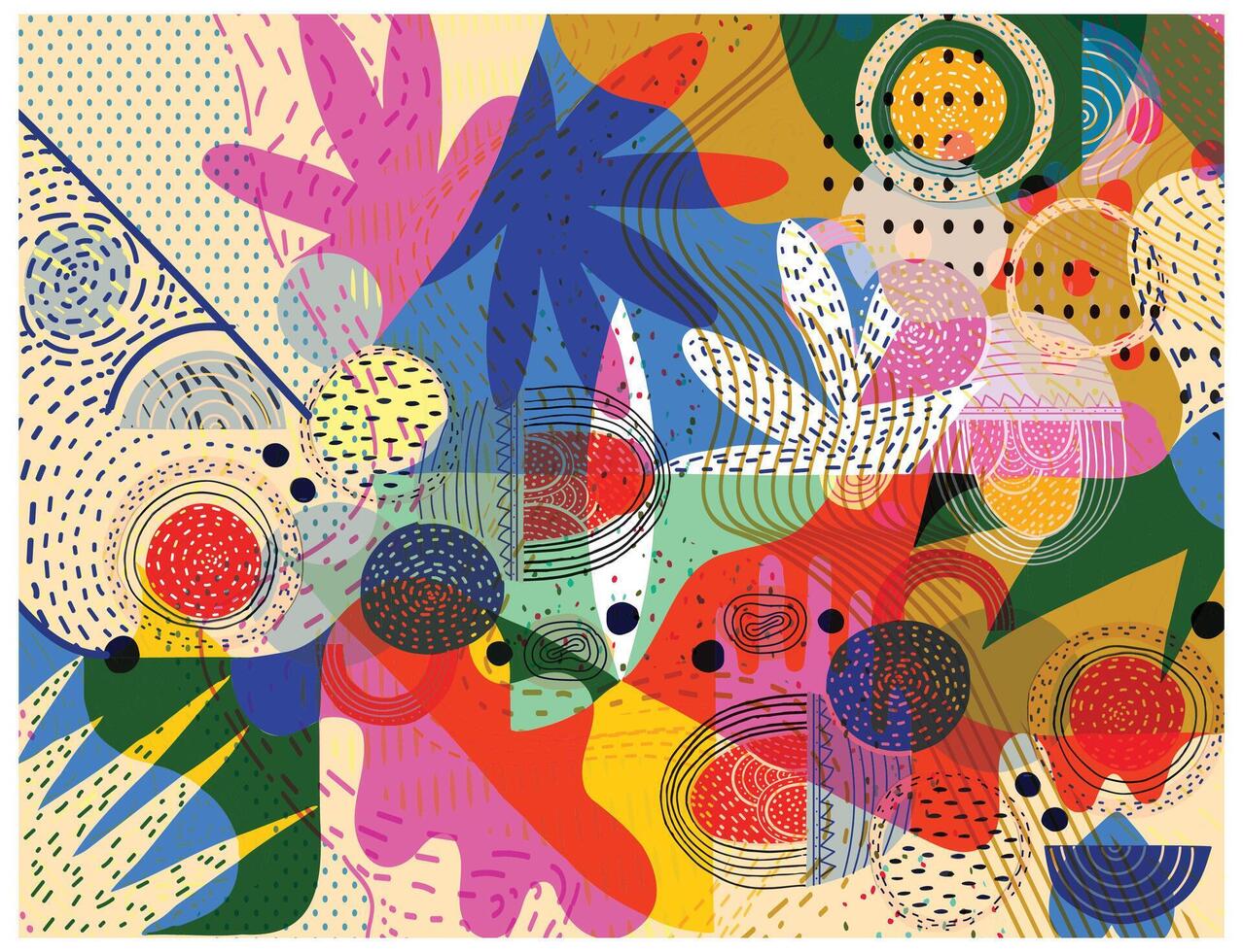 A vibrant abstract hand drawn flower and leaf camouflage print pattern, illustration featuring colorful shapes, patterns, and textures in red, blue, yellow, and green hues. vector