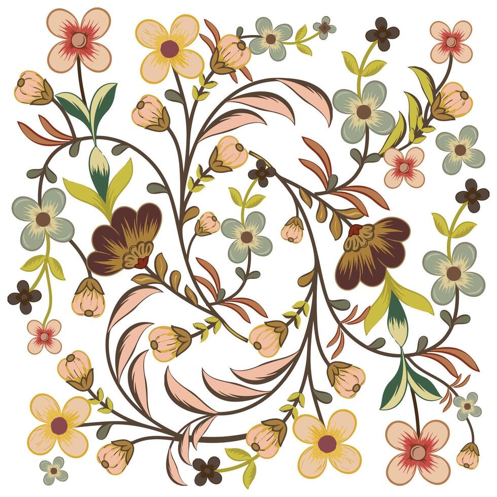 Colorful floral and leaves print pattern, featuring various blossoms and leaf in soft pastel hues, intertwined on a white background square shape design. vector