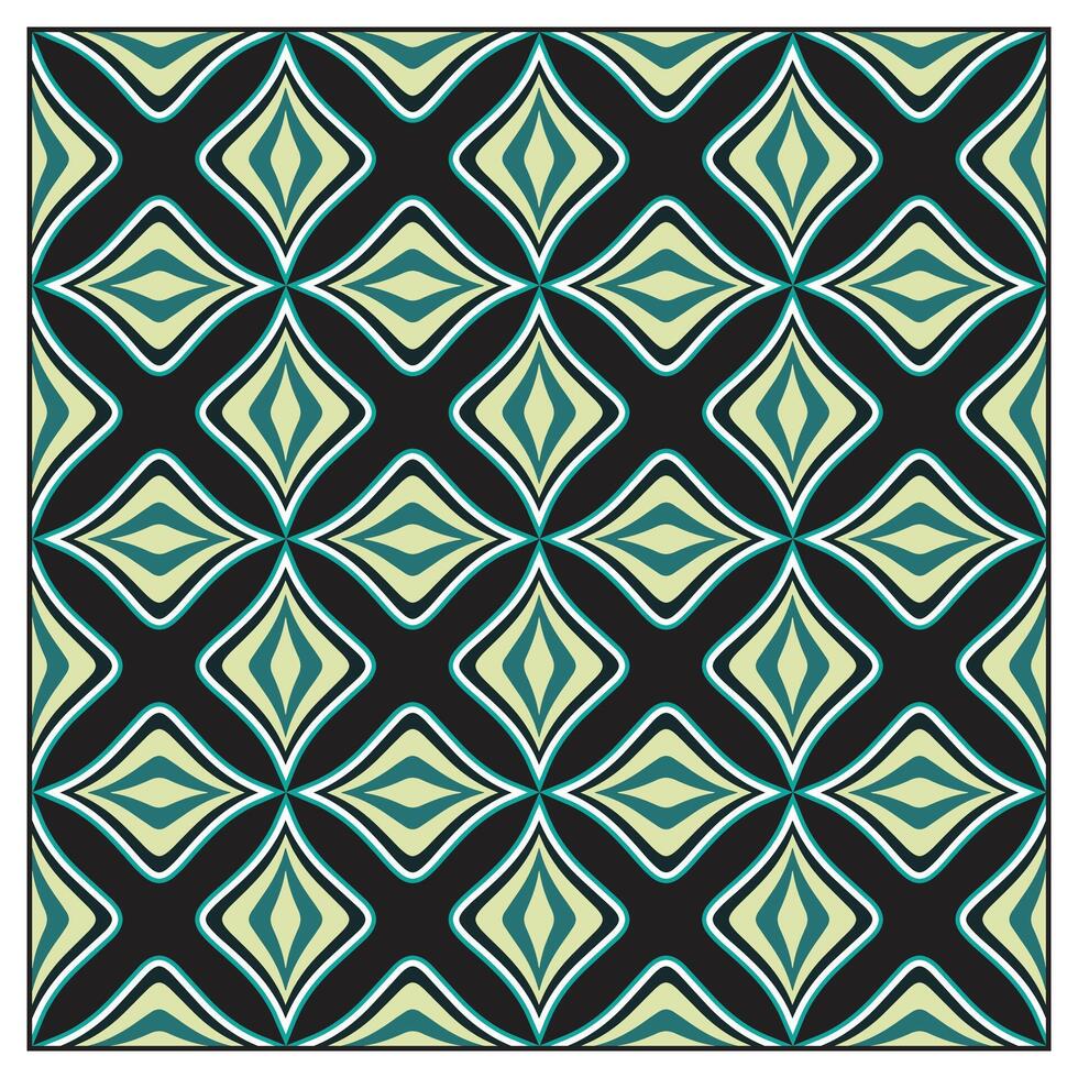 Abstract geometric print pattern with repeating teal and beige diamond shapes on a black background design vector