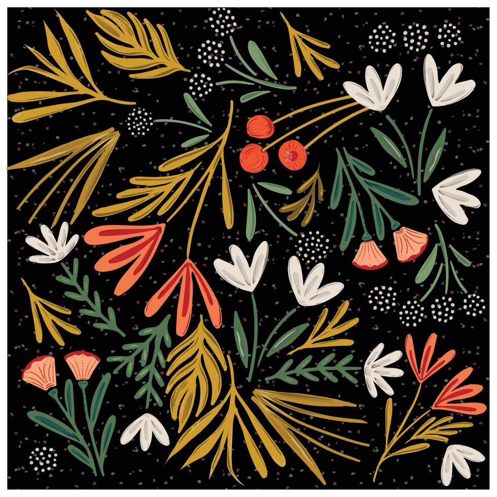 Repeat illustrated floral pattern on a dark background with leaves and flowers in colorful shape vector