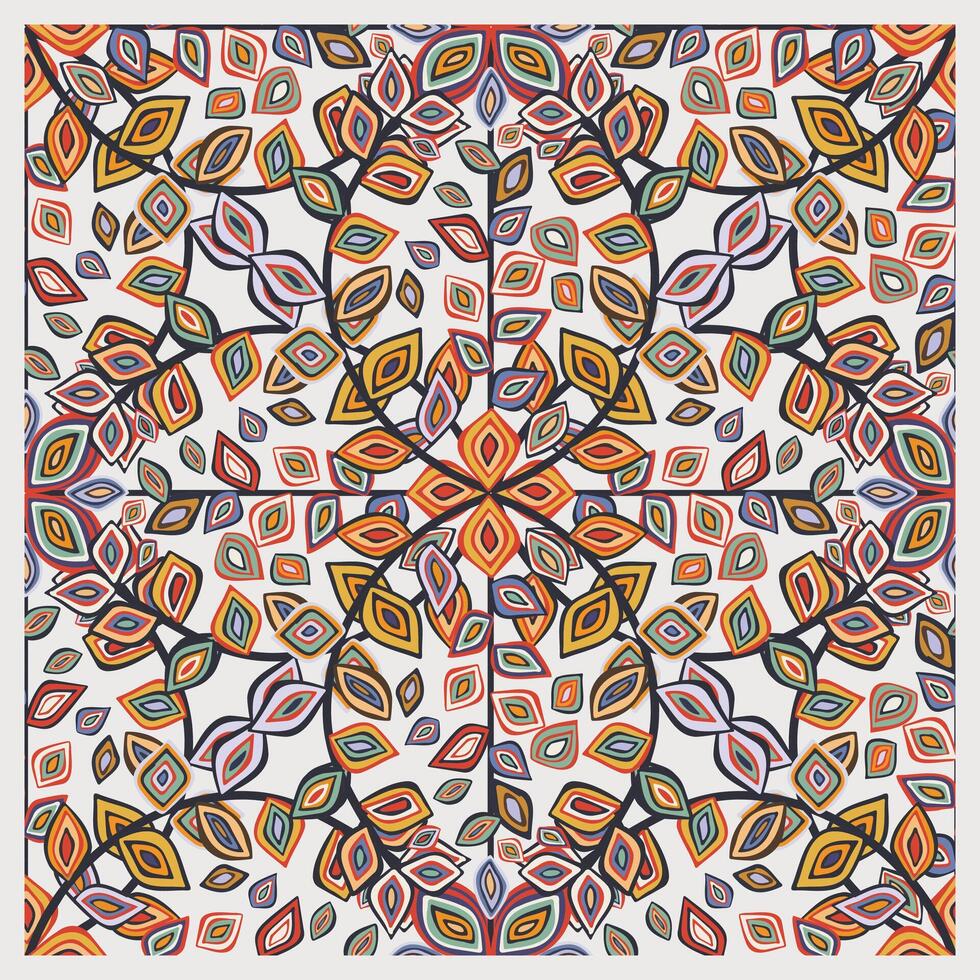 A vibrant, symmetrical pattern featuring colorful, abstract leaves arranged in a floral design on a light background. vector