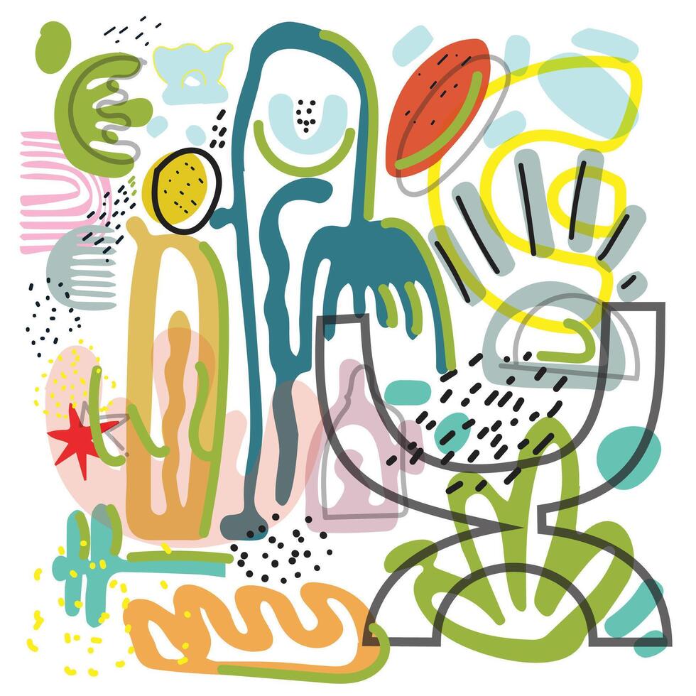 Abstract colorful digital artwork with various shapes and lines creating a playful doodle like comp vector