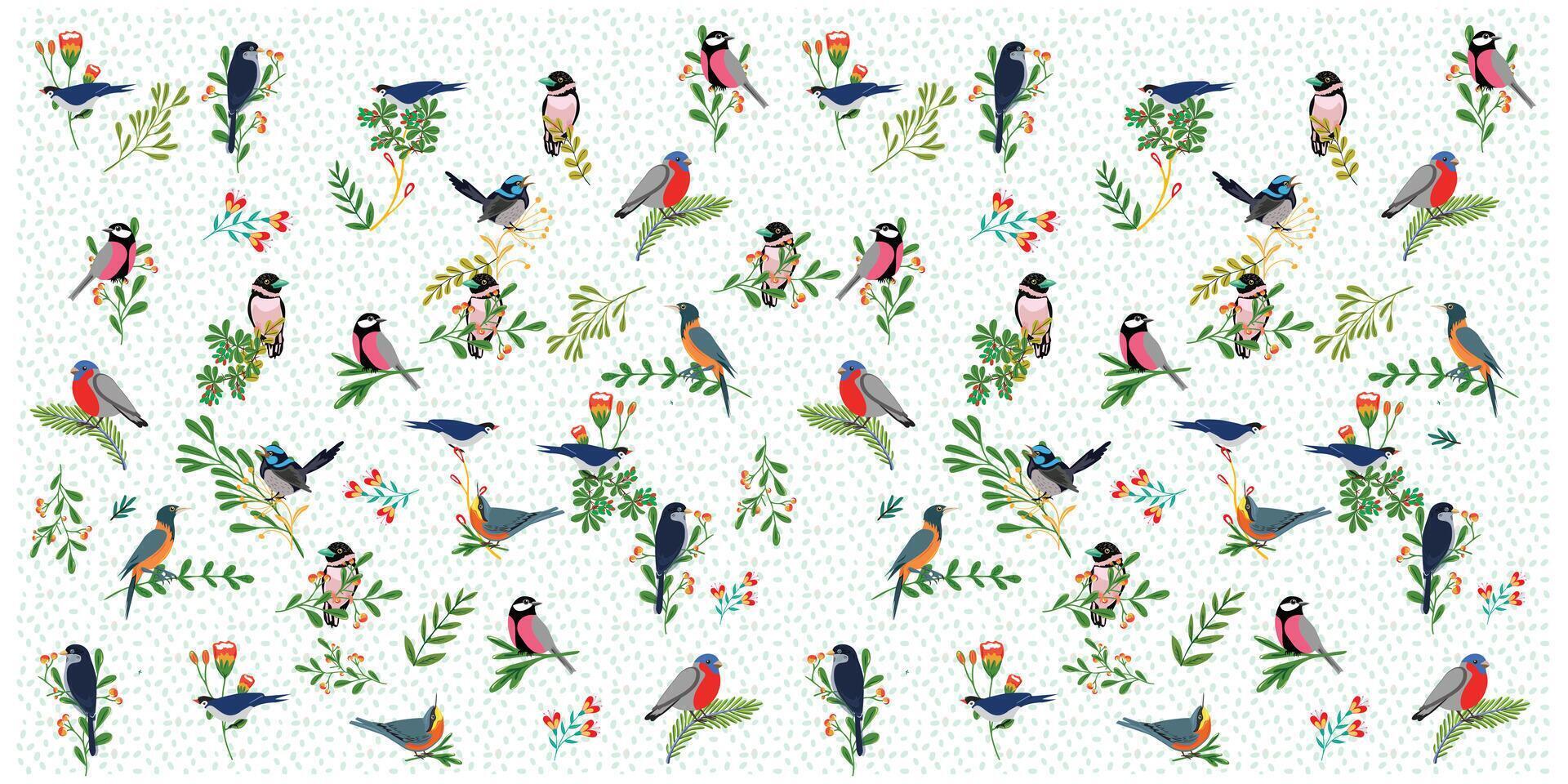 A colorful pattern featuring various stylized birds perched among flowers and leaves on a light dotted background. vector