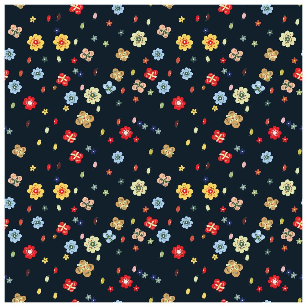 Luxury floral fabric pattern with various colorful flowers and leaves on a dark background. vector