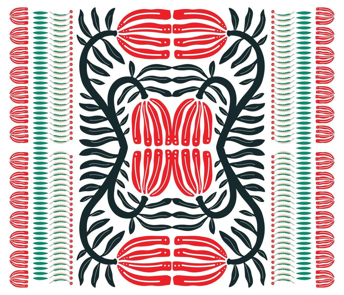 Abstract beautiful flower shape symmetrical pattern with red and black shapes on a white background, a print featuring leaves intertwined, creating a lively and natural design. vector