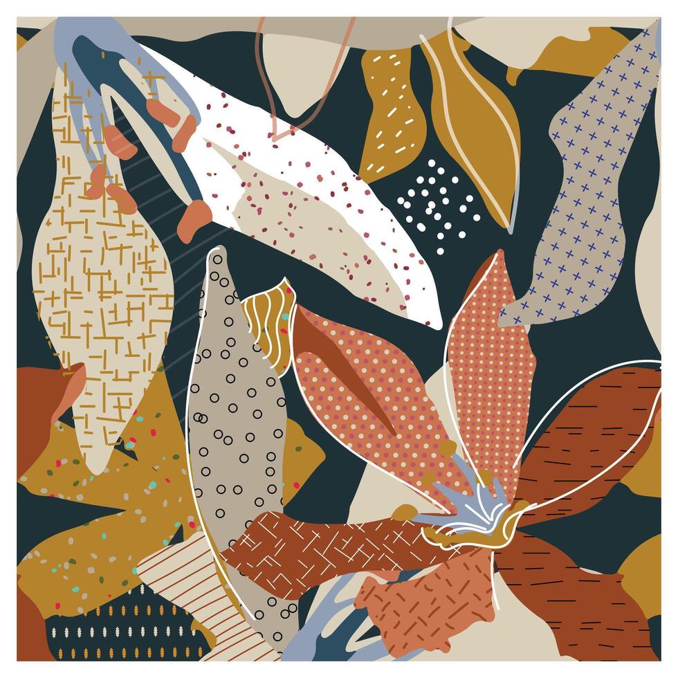Colorful abstract composition featuring various patterned leaves in earthy tones against a dark background. Modern and artistic design. vector