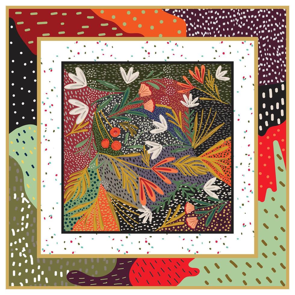Square repeat flower print pattern, A lively abstract composition filled with an assortment of colorful leaves and flowers, creating a visually striking pattern. vector