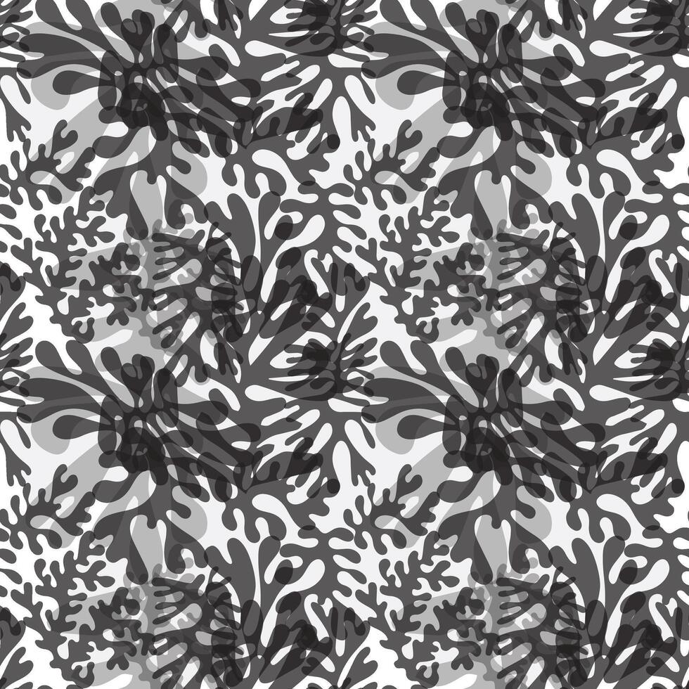 Pattern of abstract coral shapes in varying shades of gray and black on a light gray background, creating a dynamic, fluid design. vector