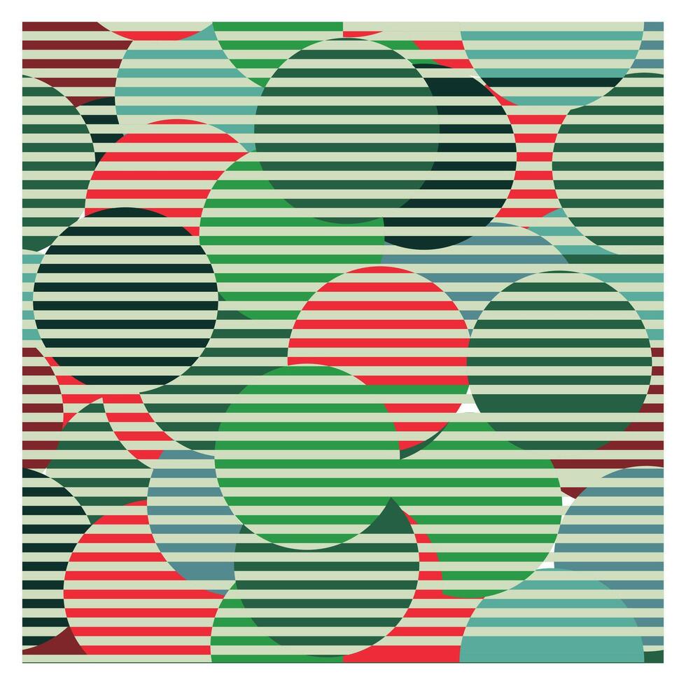 A colorful abstract design featuring overlapping circular shapes filled with horizontal stripes in green, red, and blue hues. vector