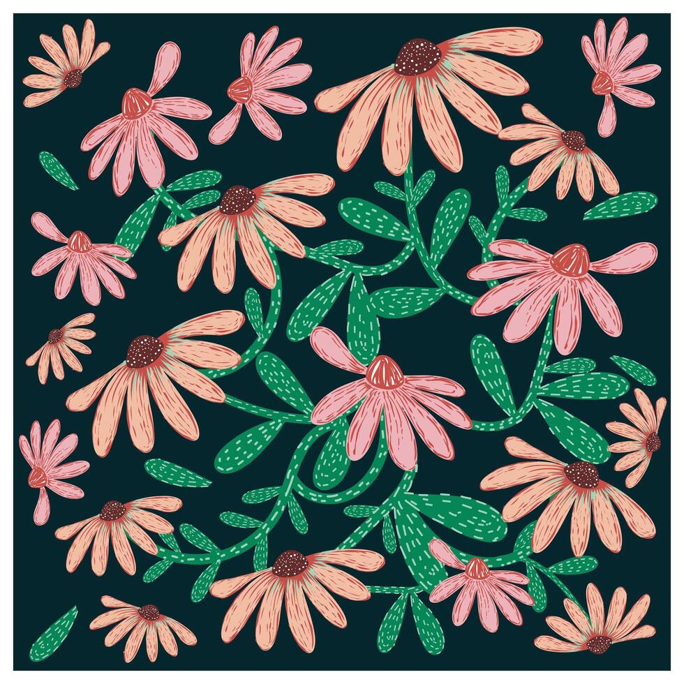 pink flower, hand drawn luxury print pattern, featuring pink daisies and golden leaves on a dotted quilt textured black background, framed in soft pastel colors. vector