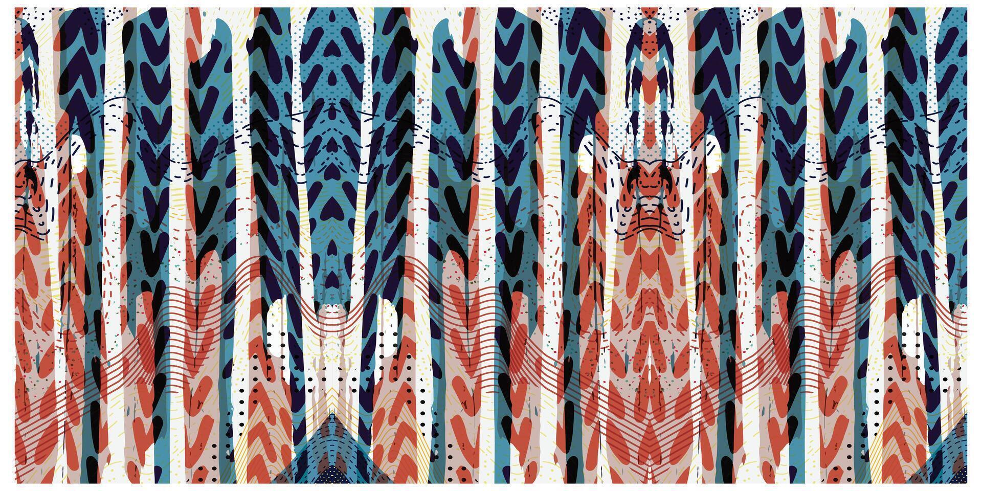 Colorful abstract print pattern, featuring bold, curved lines and shapes in blue, red, and cream, evoking a sense of movement and depth. vector