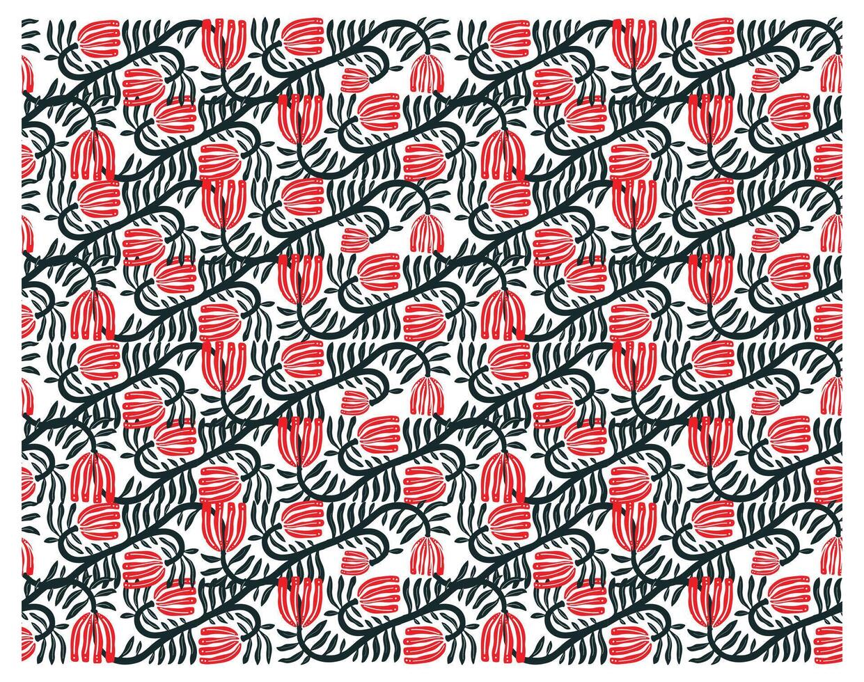A retro type print pattern featuring red flowers intertwined with dark green leaves on a white background, creating a lively botanical design. vector