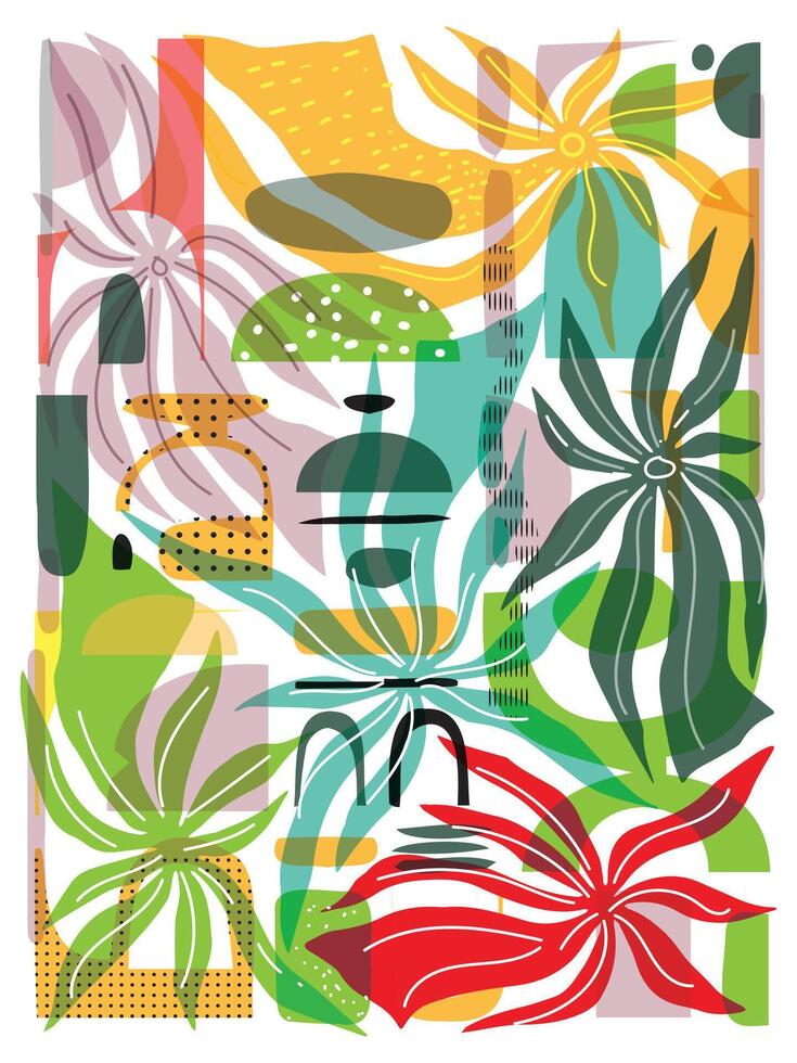 Luxury abstract, colorful tropical artwork with overlapping geometric shapes and botanical elements. vector