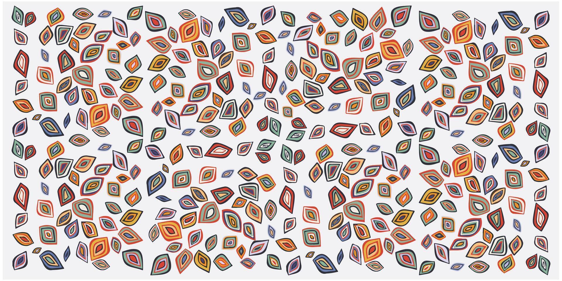 A vibrant pattern of colorful, leafy shapes in various sizes, creating a dynamic and lively design on a white background. vector
