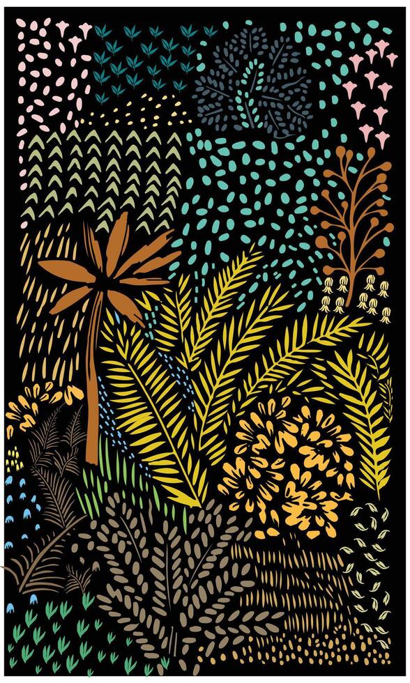 Vibrant illustration of various stylized plants and leaves in bold colors on a black background, showcasing a lively botanical pattern. vector