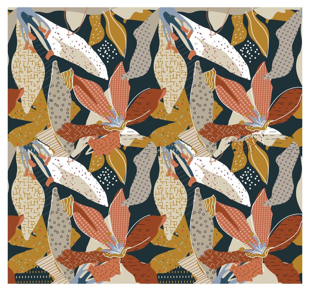 Decorative abstract repeat colorful flower pattern with stylized leaves and textured details on a dark background vector