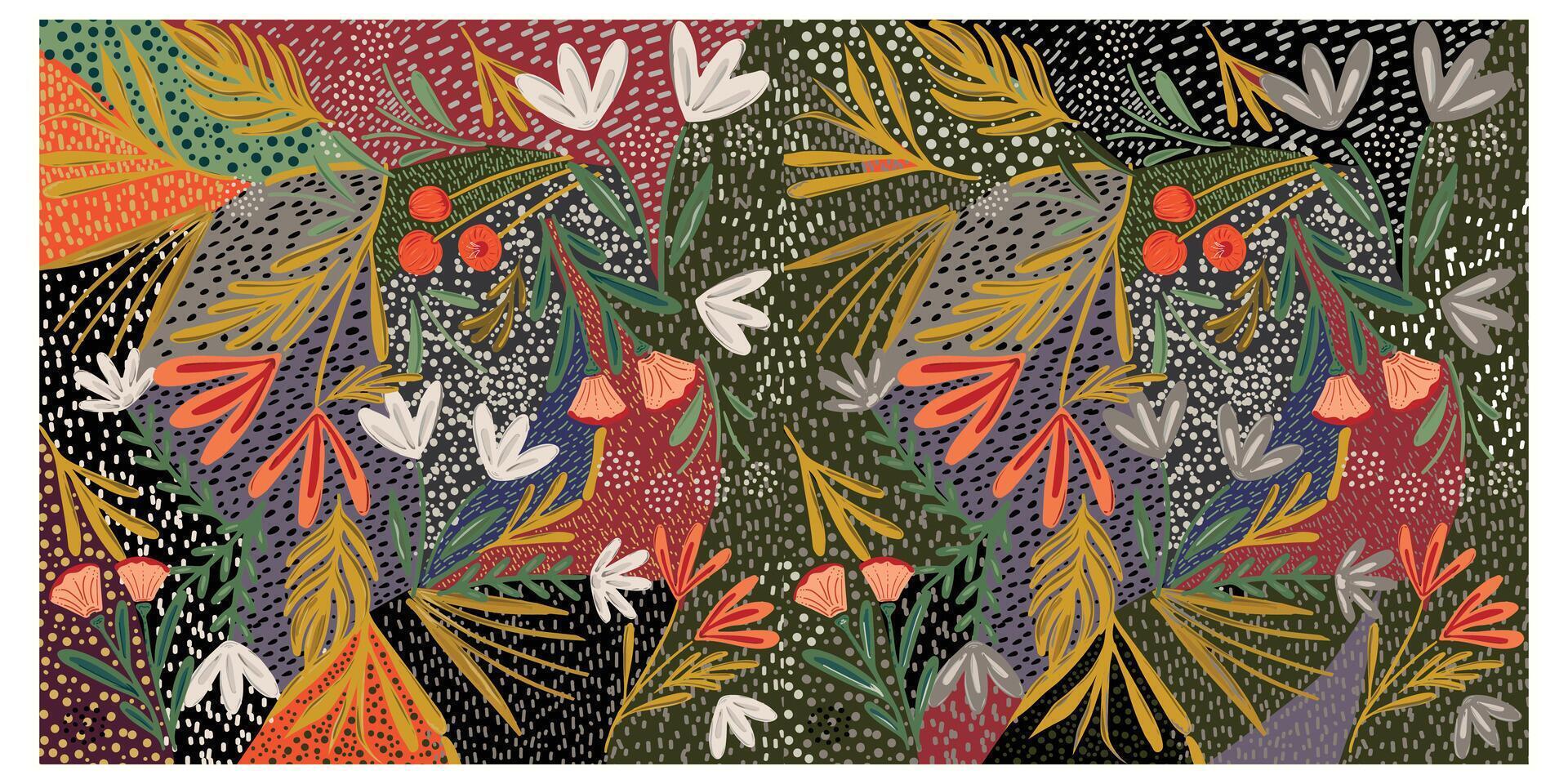 decorative colorful abstract illustration with a dense pattern of stylized botanical elements and dotted textures. vector
