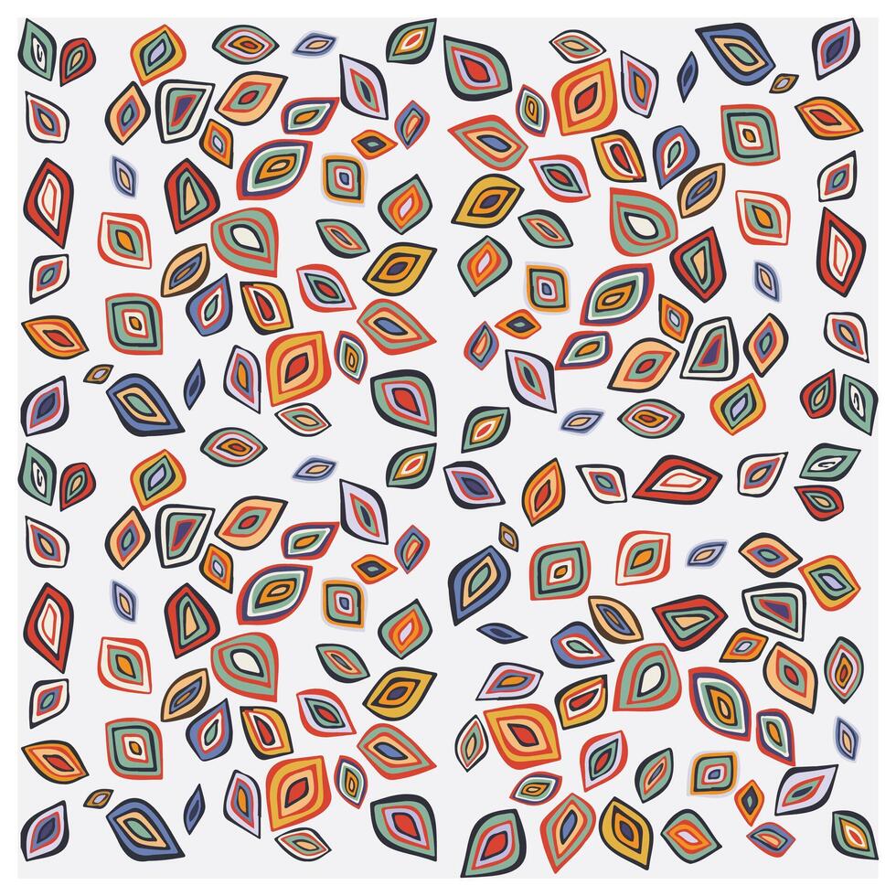 A vibrant pattern filled with colorful, stylized leaf shapes in shades of red, green, orange, and blue against a light background. vector
