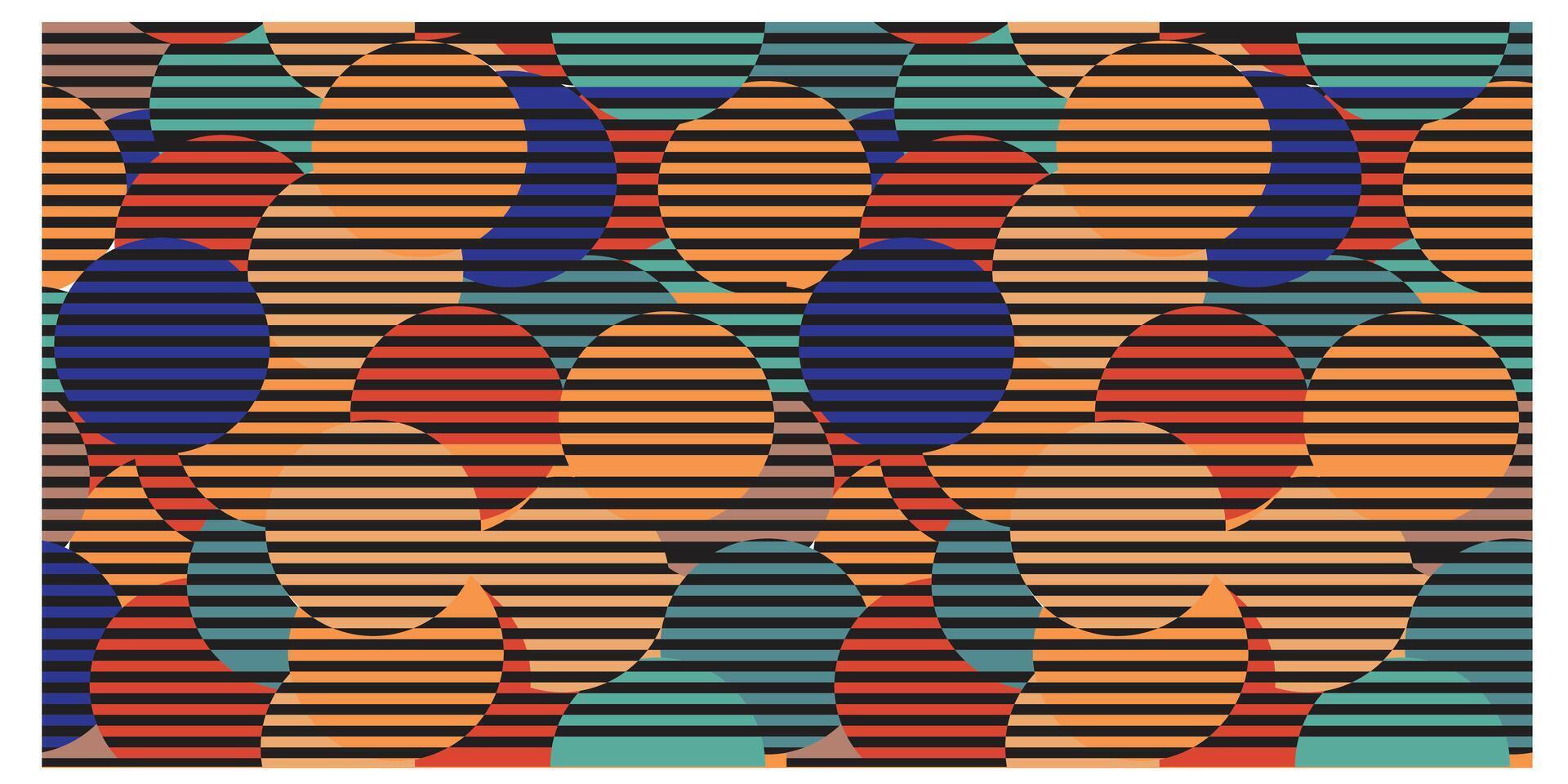 An abstract design featuring overlapping circles in various colors, set against a background of horizontal stripes. vector