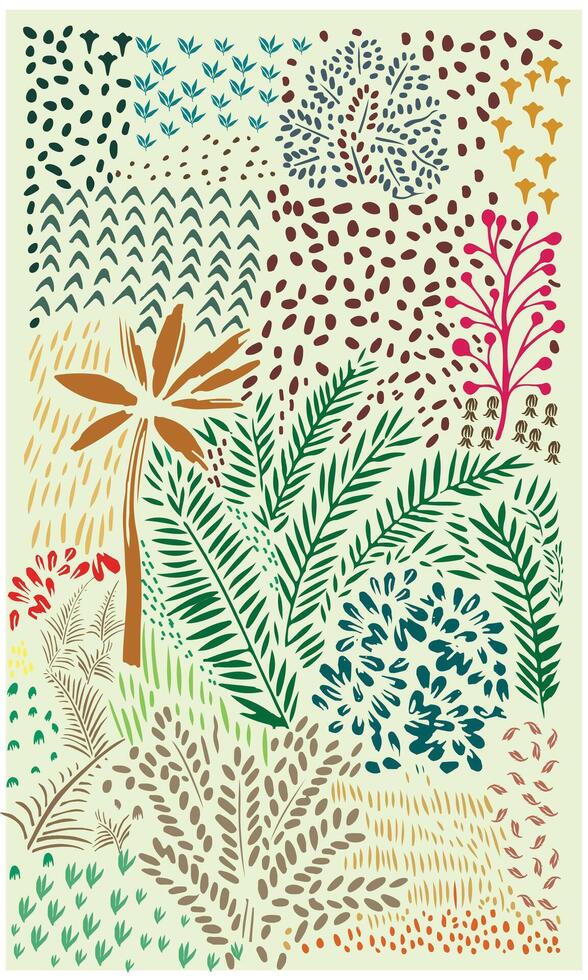 A dot and line texture collage of various plant patterns and textures in greens, browns, pinks, and blues against a pale green background. vector