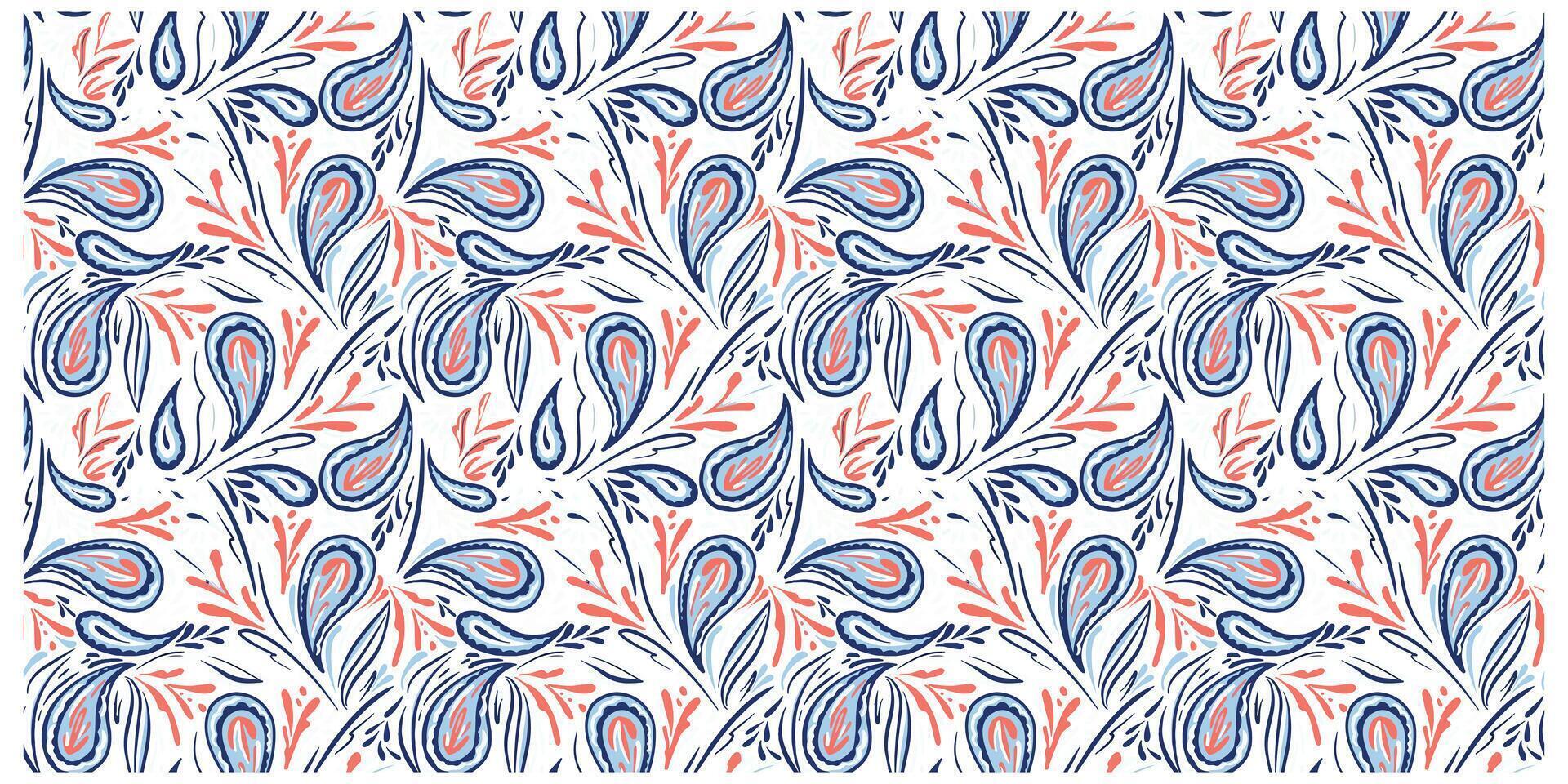 A repeating pattern of blue and coral paisley designs on an off-white background vector