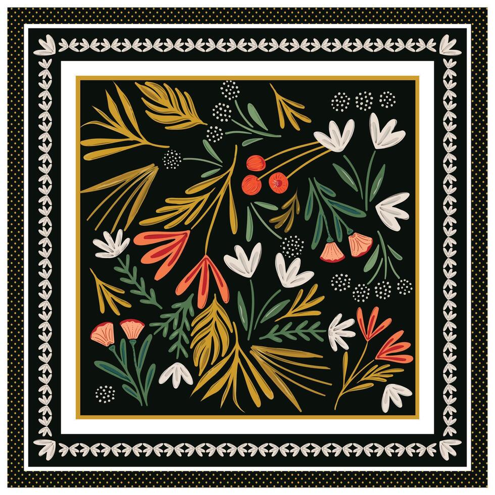 A vibrant floral design featuring orange, red, white flowers, and green leaves on a dark background, bordered with decorative patterns. vector