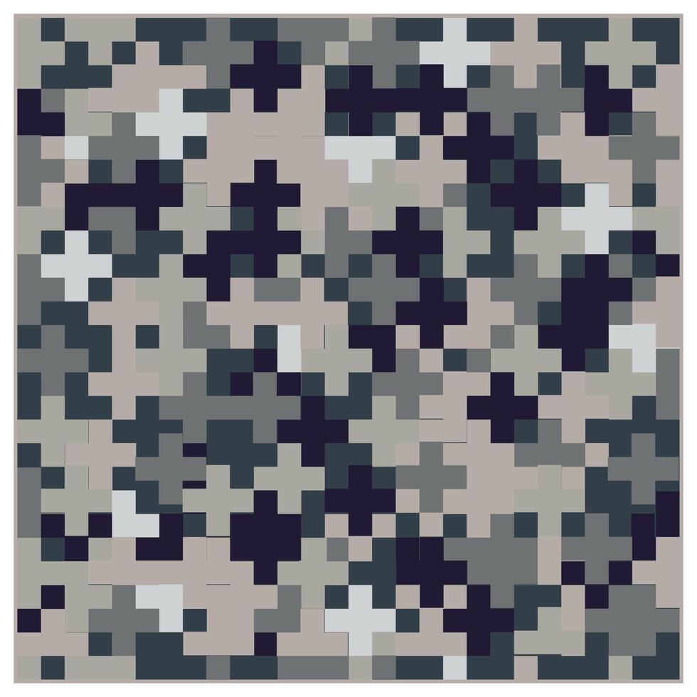 A pixelated camouflage pattern in shades of gray, navy, and beige, creating a textured and abstract appearance. vector