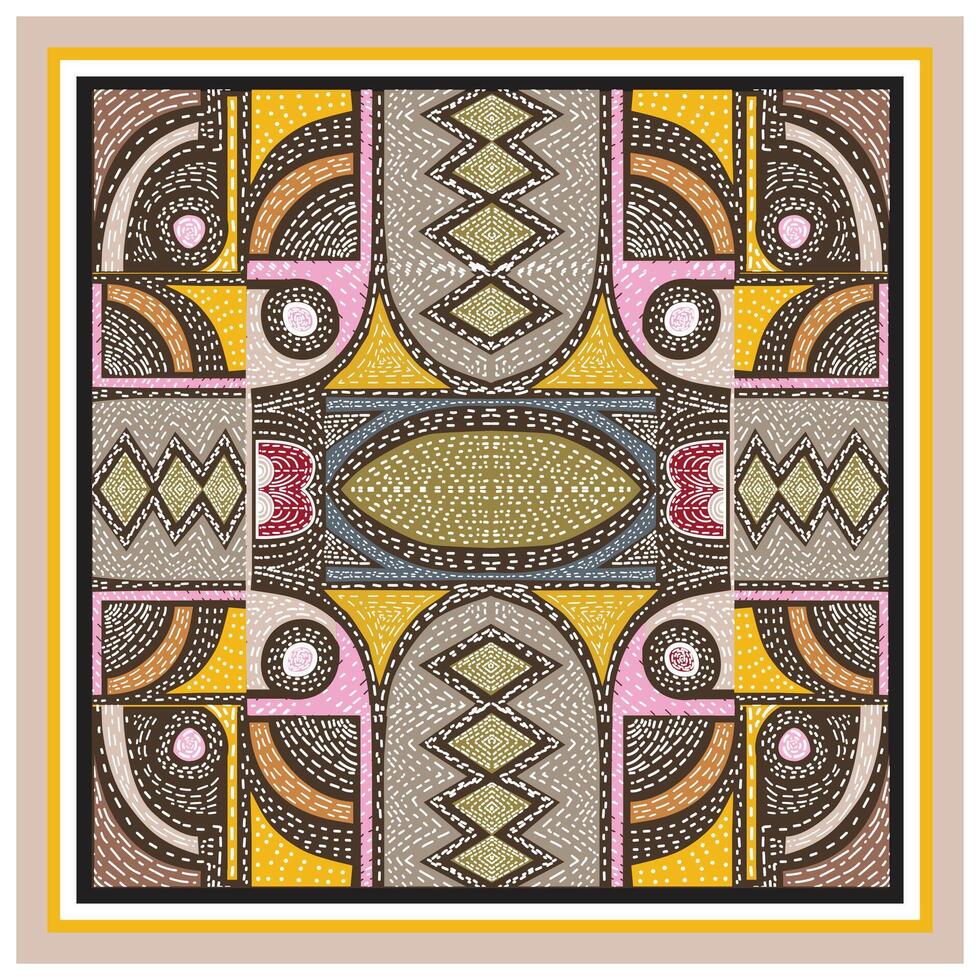 Geometric abstract artwork with symmetrical patterns and a mix of earthy and pastel colors. vector