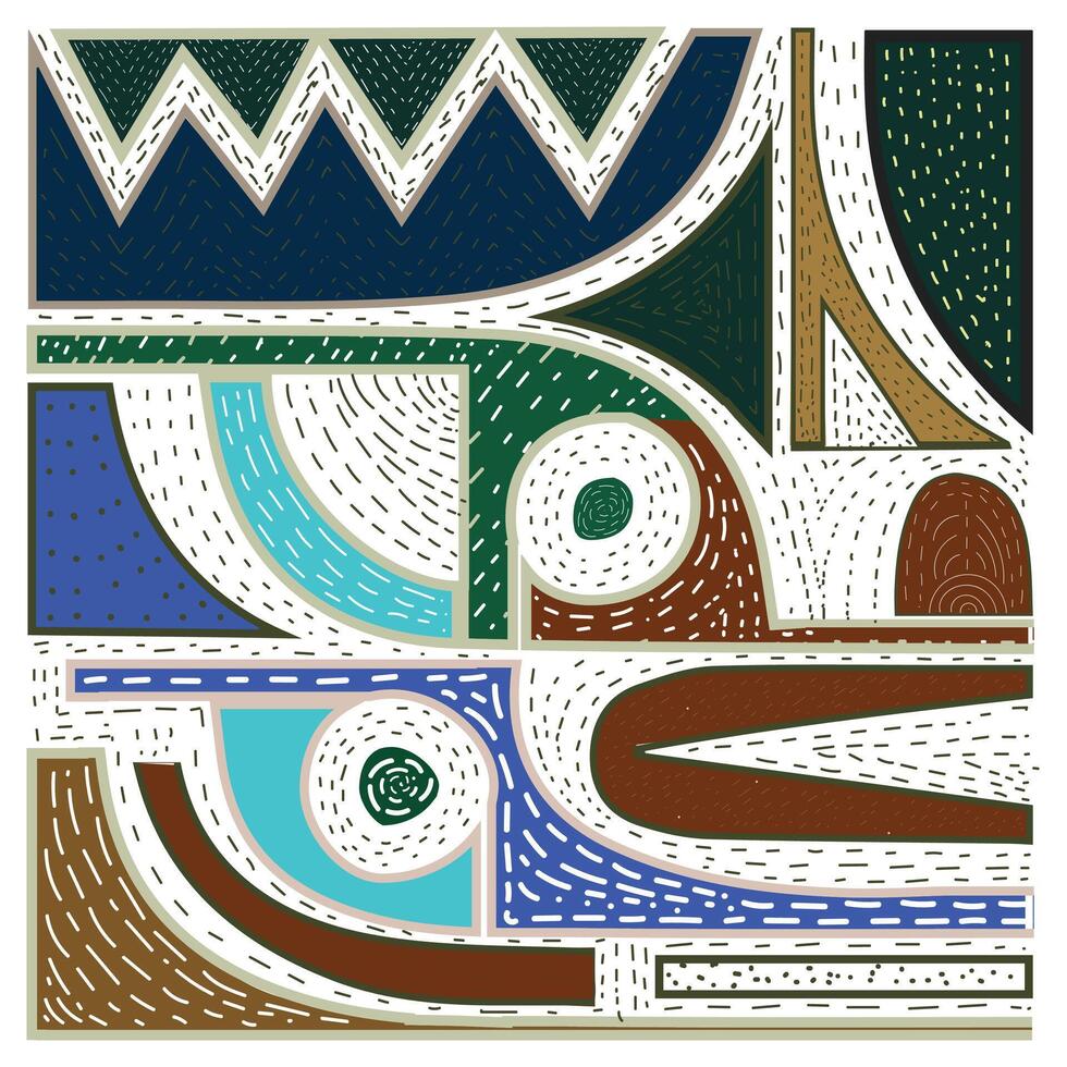 Abstract geometric artwork with various shapes and patterns, primarily in brown, blue, and green. vector