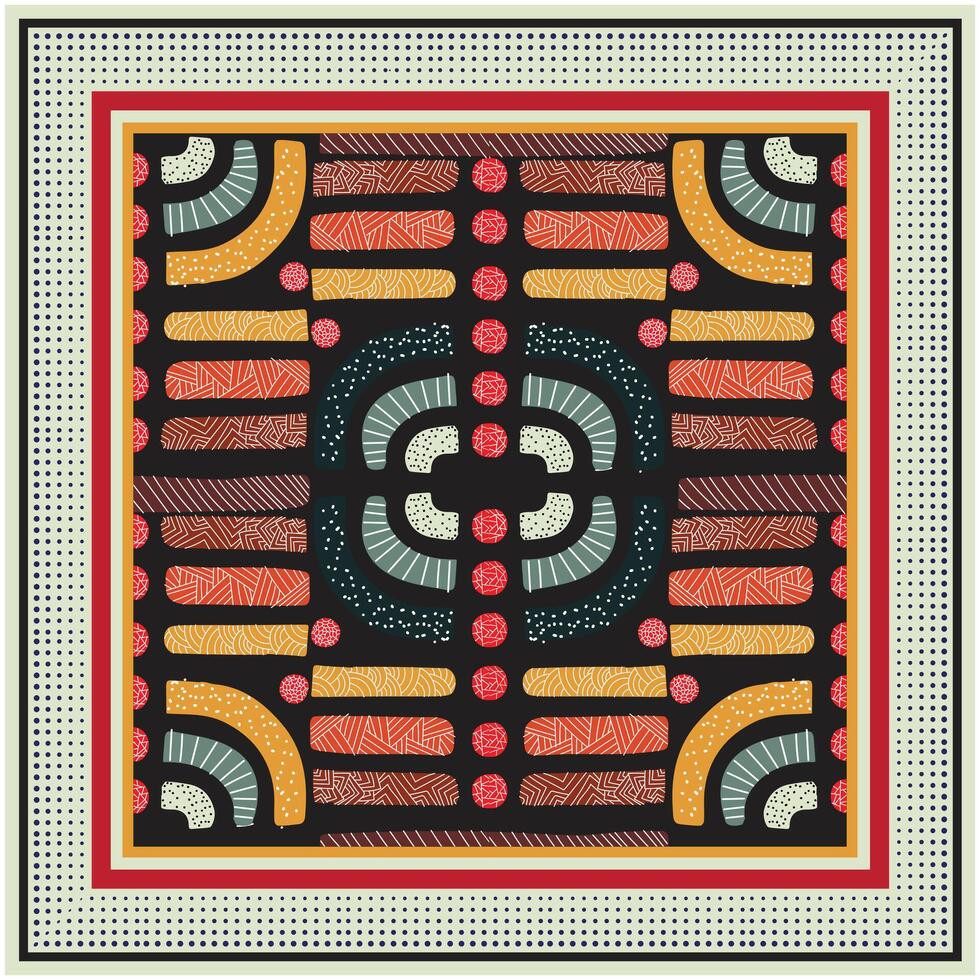 A retro geometric pattern featuring bold colors and intricate textures on a black background, framed with colorful borders in square shape design vector