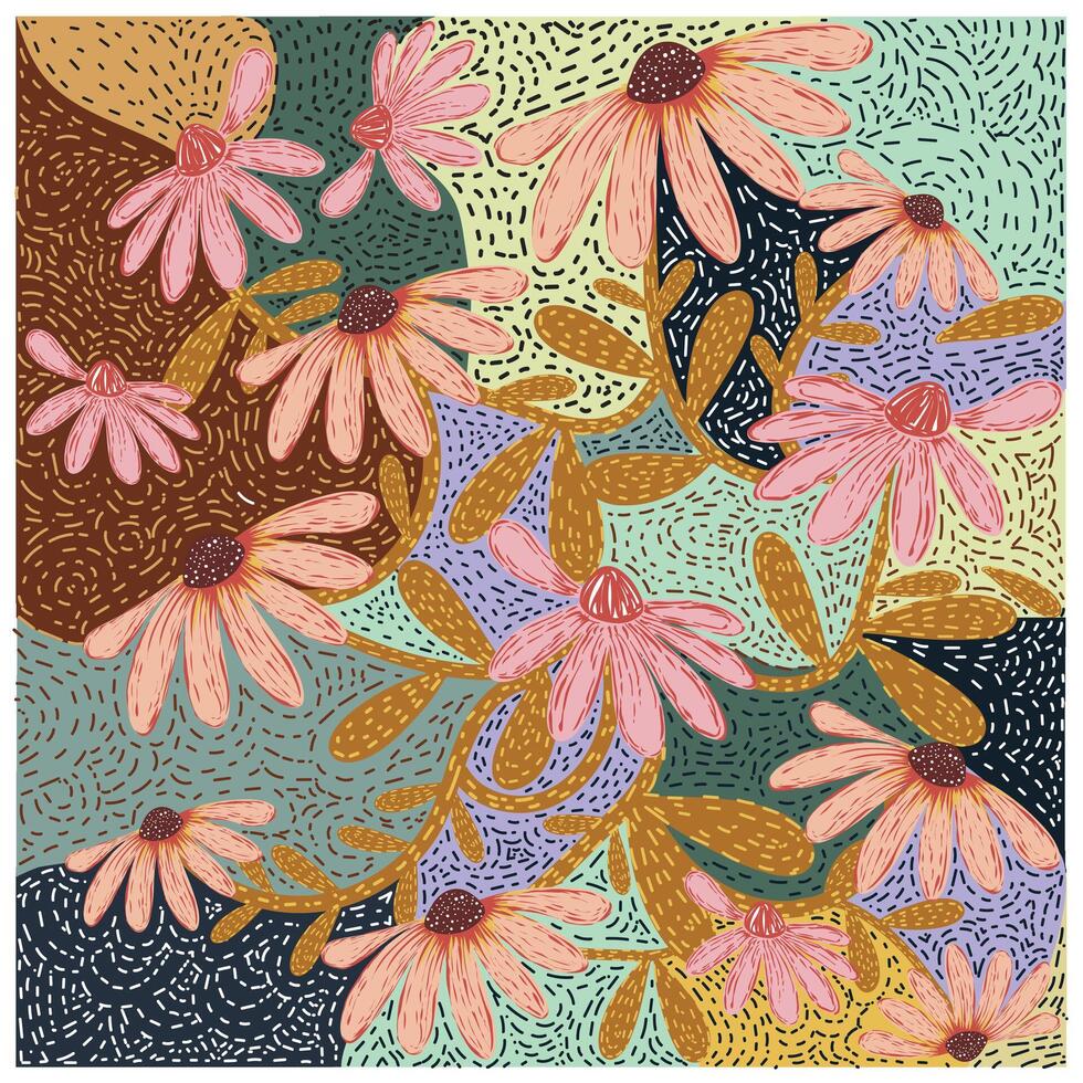 pink flower, hand drawn luxury print pattern, featuring pink daisies and golden leaves on a dotted quilt textured colorful patch background, framed in soft pastel colors. vector