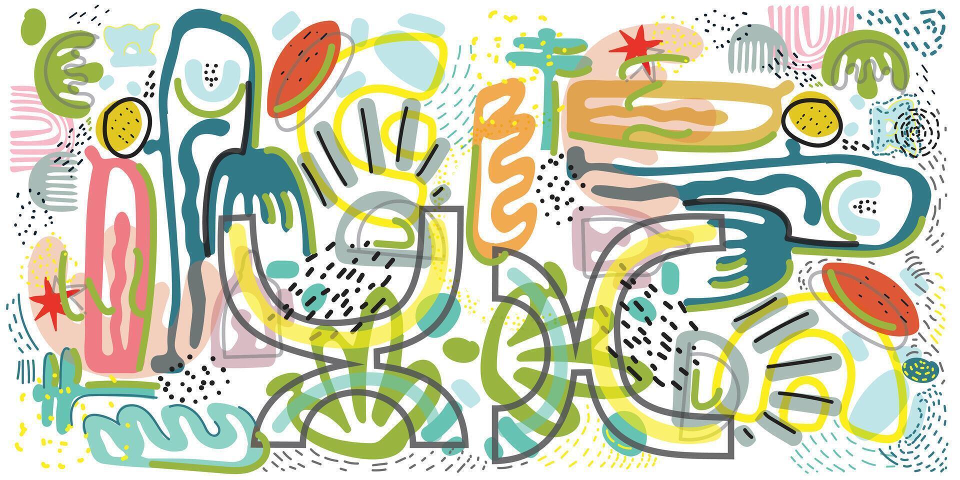Colorful abstract shapes and figures intertwine, creating a lively, playful composition with swirls and patterns on a white background. vector