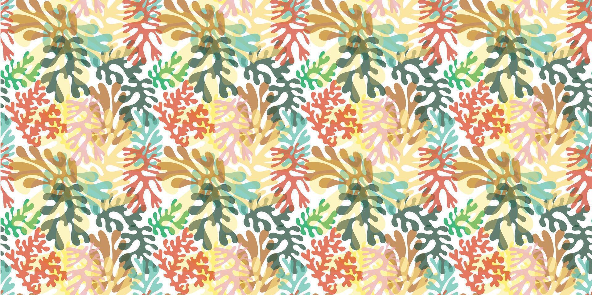. A lively pattern composed of diverse leaves and flowers in bright colors, offering a cheerful and dynamic visual appeal. vector