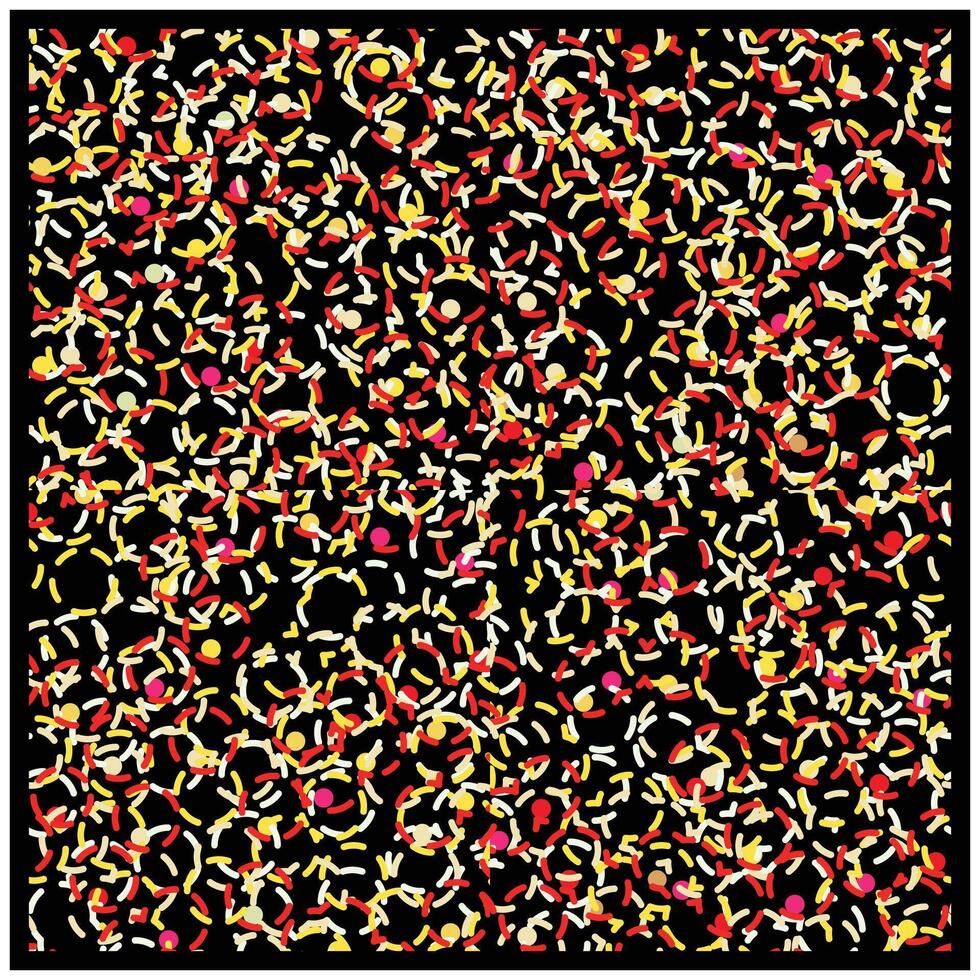 Repeat abstract colorful pattern of squiggles and dots on black background black square background showcasing a colorful display of red and yellow flowers, enhancing the overall aesthetic appeal. vector