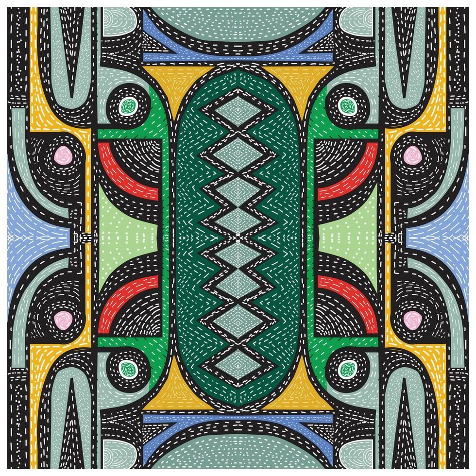 Symmetrical abstract pattern with vibrant colors, including green, yellow, blue, and red, featuring swirling lines and geometric shapes. vector