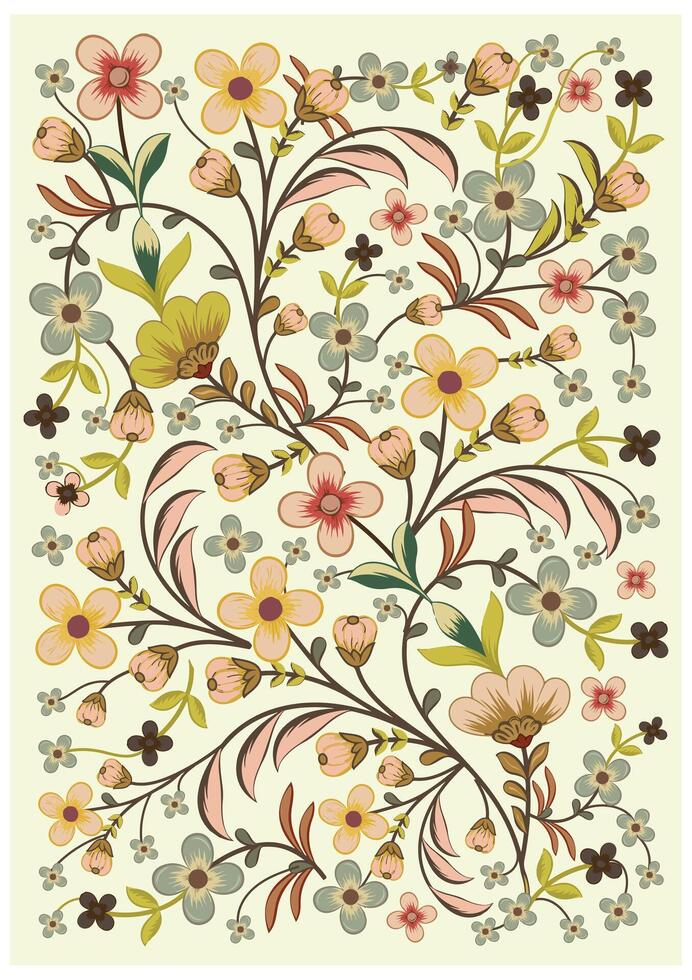 Illustration of a decorative floral pattern with assorted flowers and leaves, featuring various blossoms and leaf in soft pastel hues, intertwined on a white background square shape design. vector