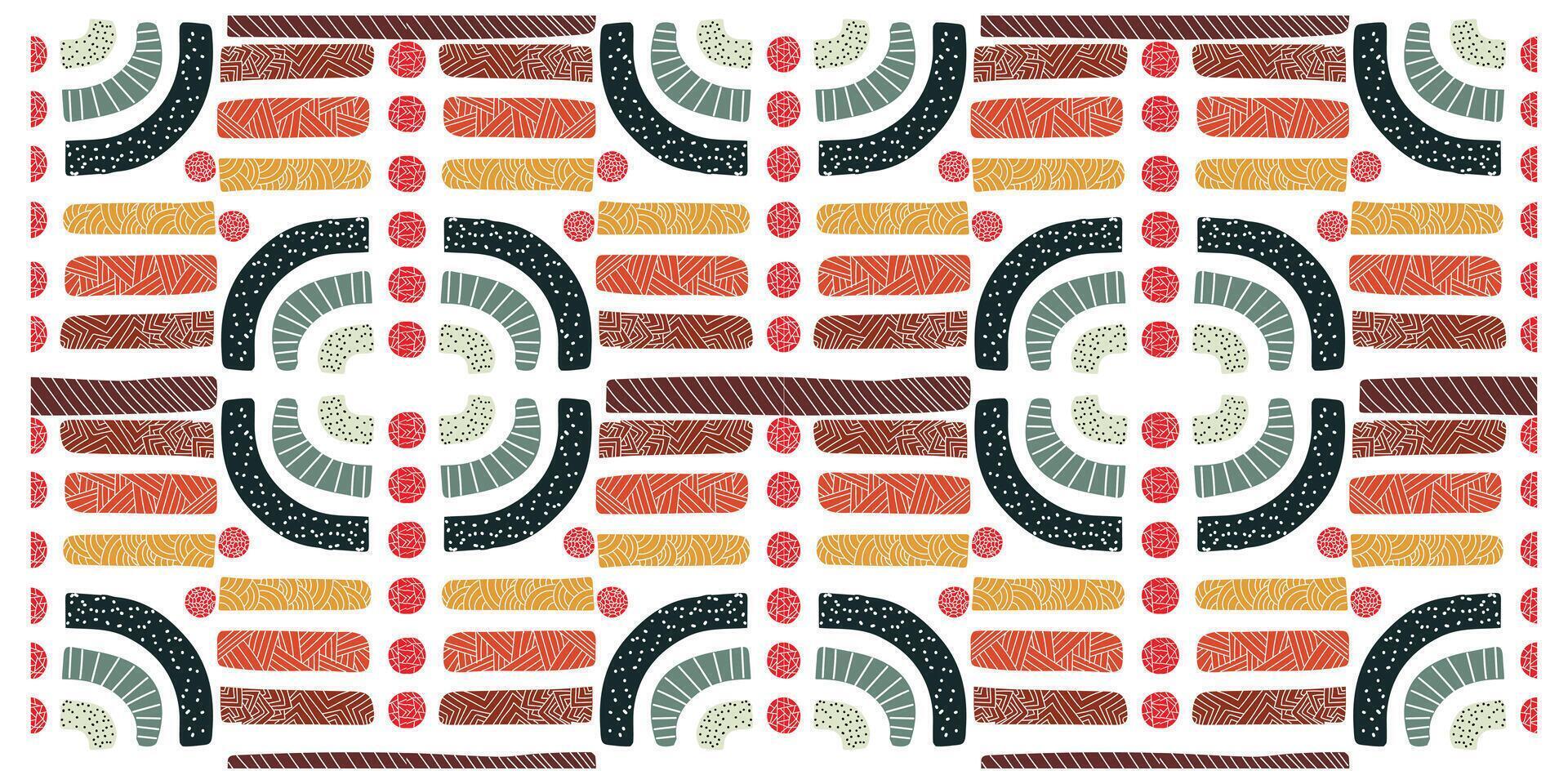 A vibrant repeating pattern featuring abstract shapes in green, red, orange, and brown with intricate line designs on a white background. vector