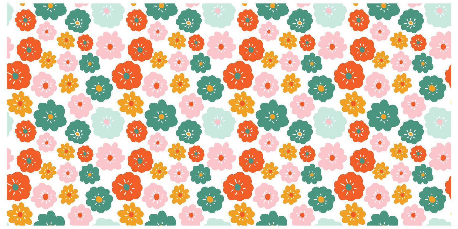 Colorful floral print pattern with stylized flowers in orange, pink, yellow, and green hues, an assortment of colors displayed on a white backdrop, offering a fresh and cheerful appearance vector