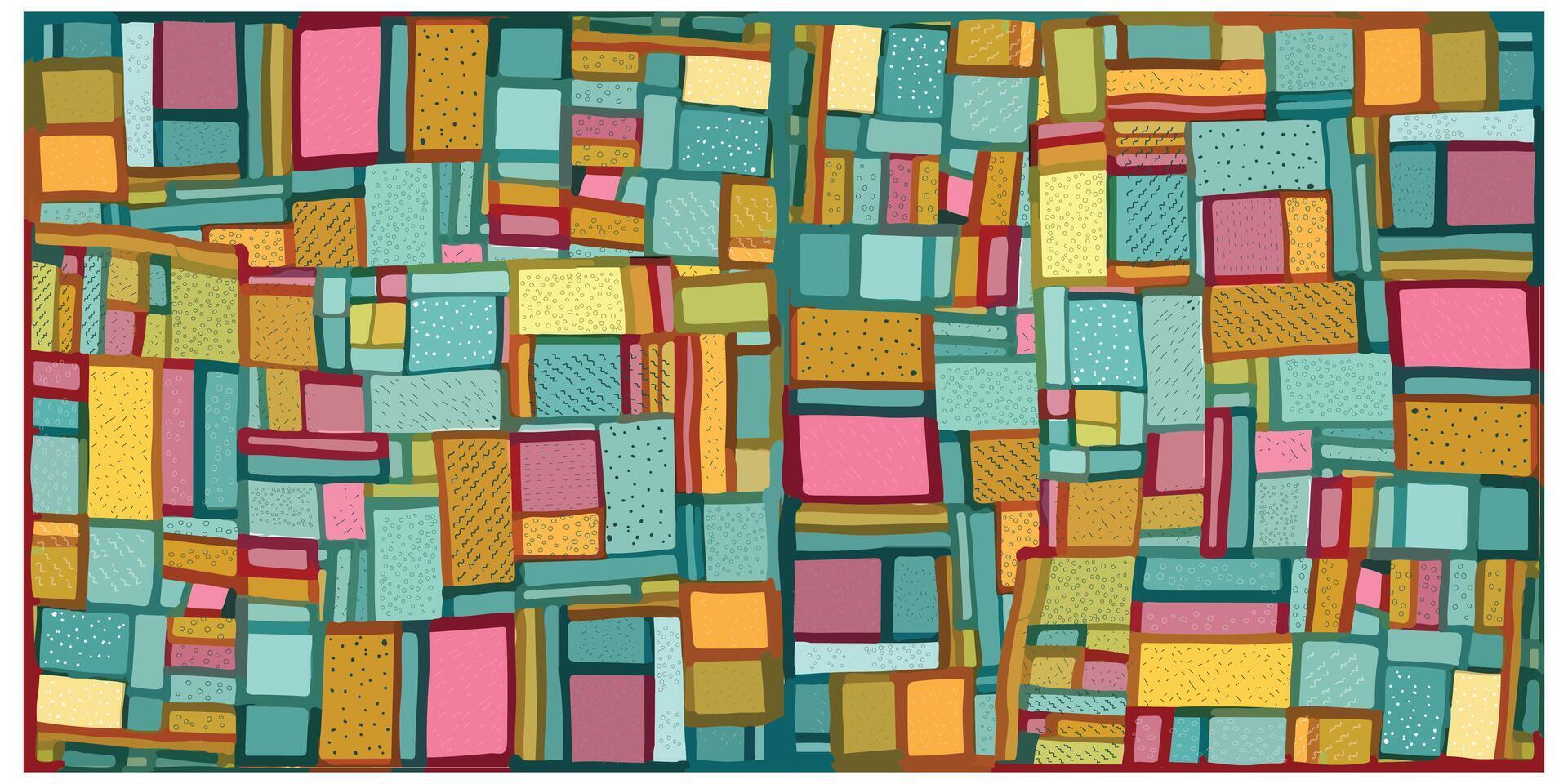 A vibrant patchwork of colorful shapes, featuring shades of teal, pink, orange, and yellow with various patterns and textures. vector