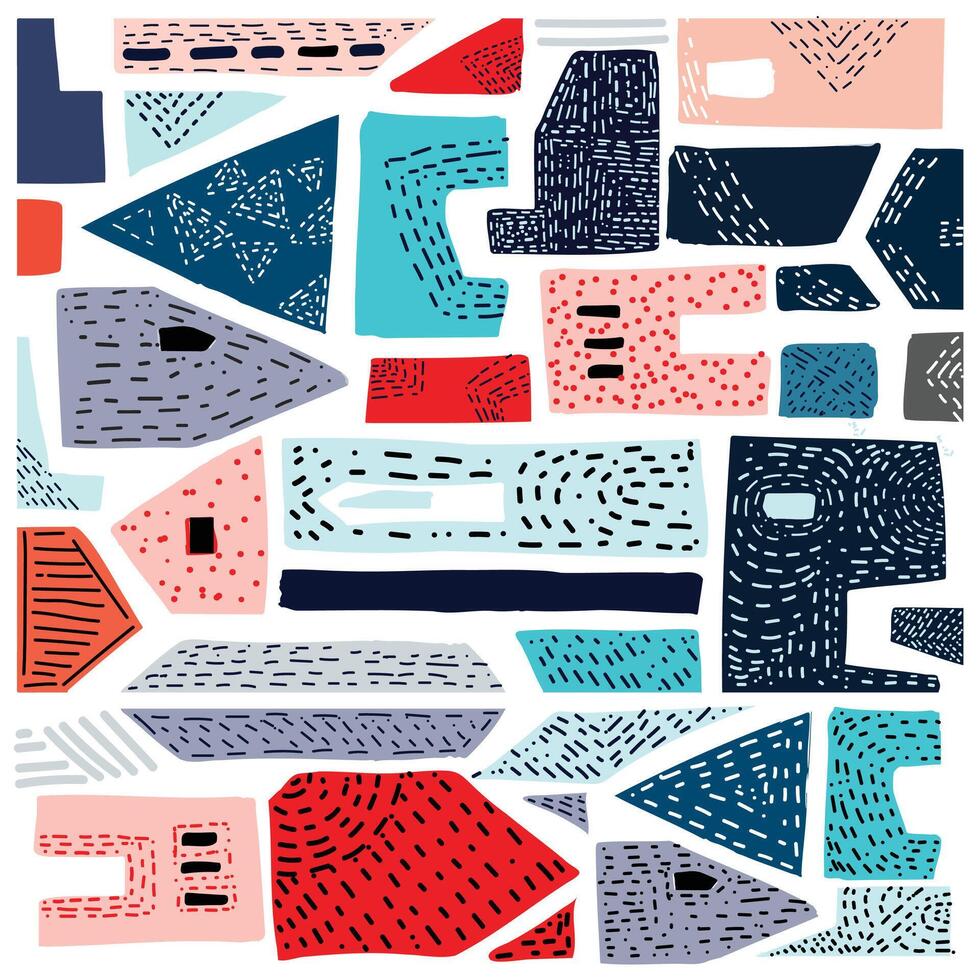 Seamless abstract colorful geometric shapes resembling a stylized cityscape on a pattern background. vector