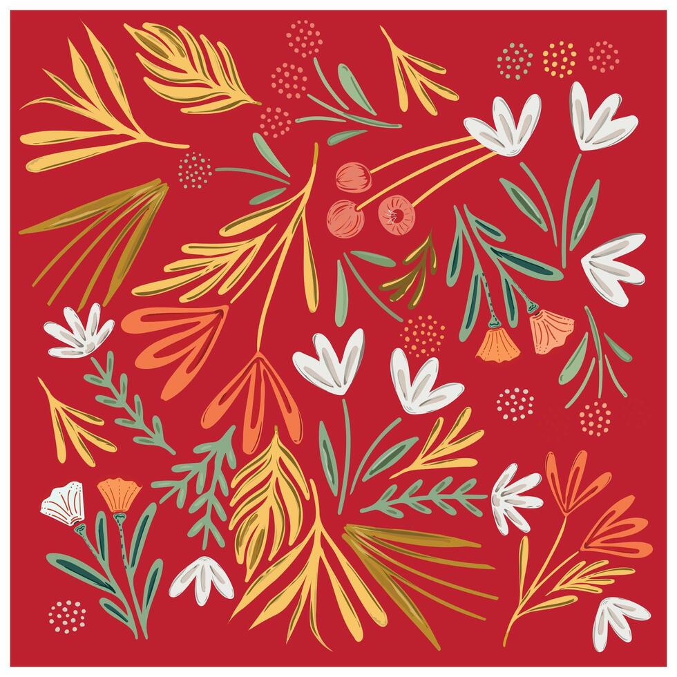 Hand drawn repeat flower and leaf print pattern on red color background vector