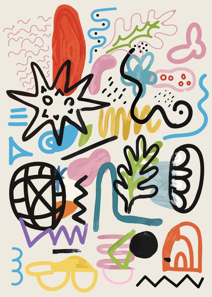 Colorful abstract doodles with various shapes and lines on a light background. vector