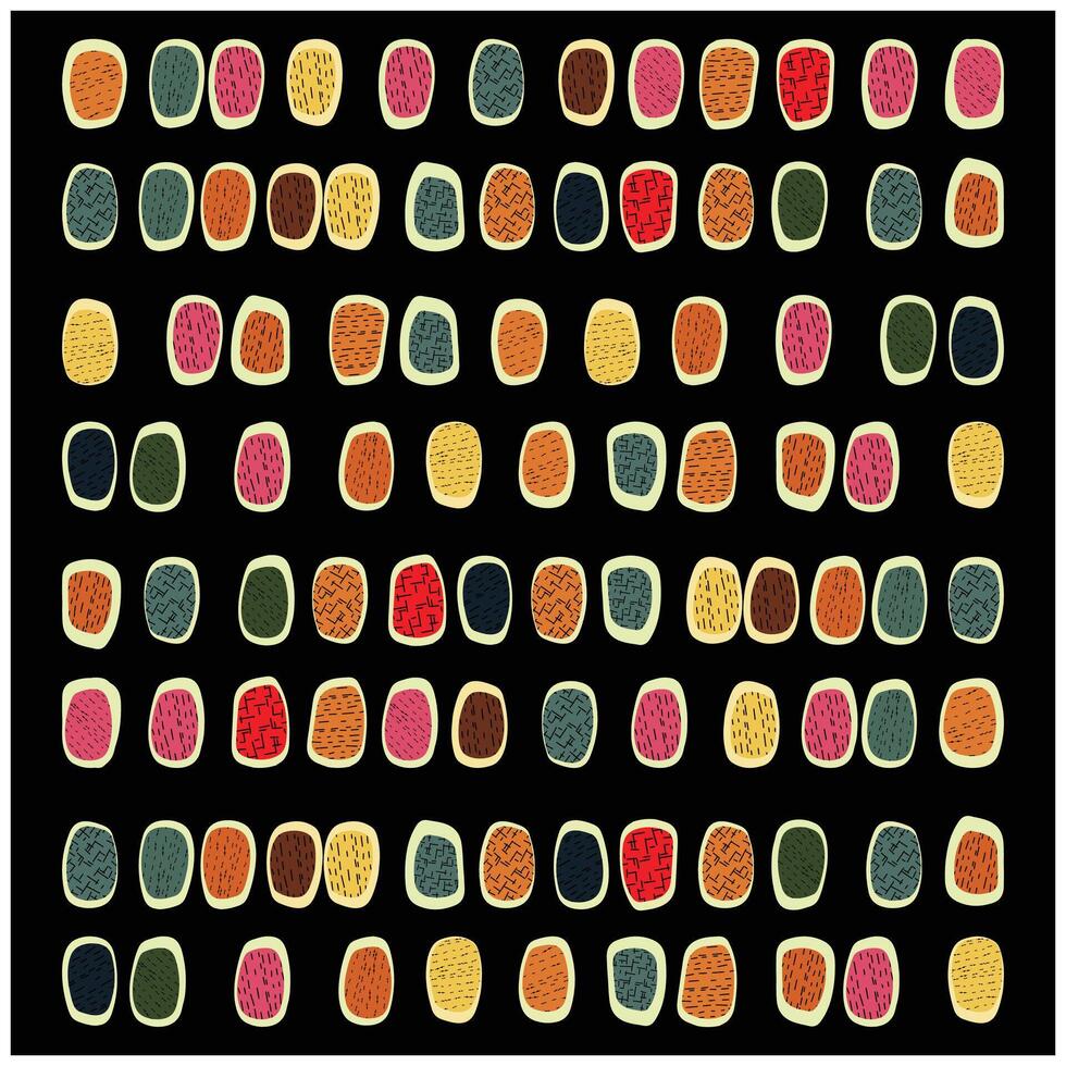 A vibrant pattern of diverse, colorful oval shapes with intricate textures, set against a solid black background. vector