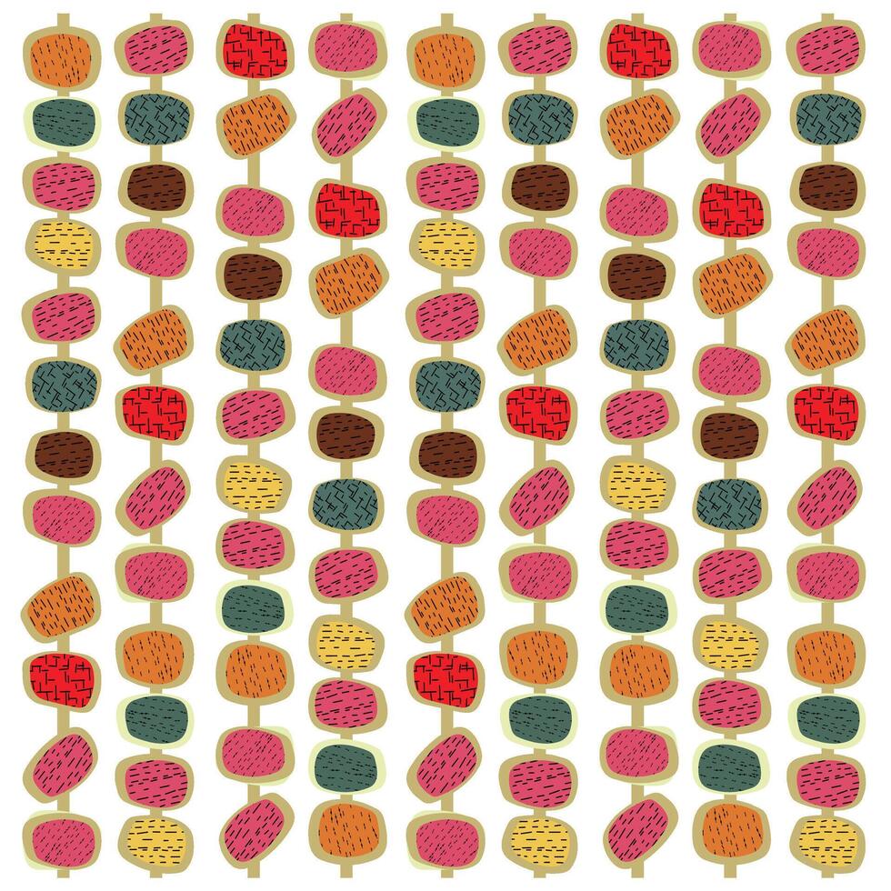 Pattern of colorful, textured ovals in rows, featuring greens, reds, pinks, yellows, and browns on a white background. vector