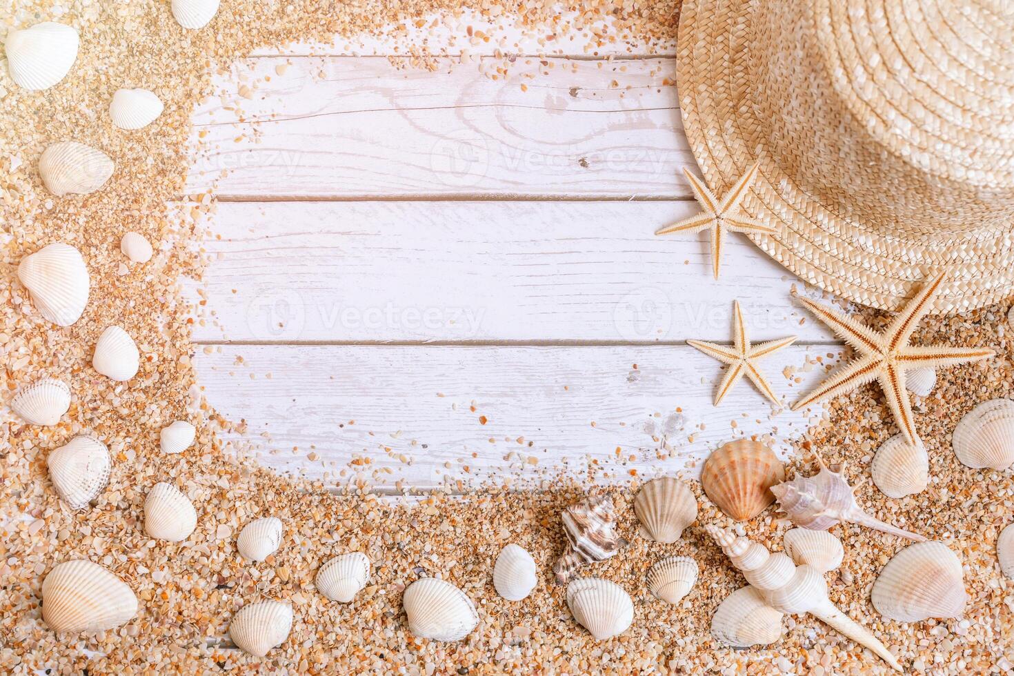 Sand seashells background. Summer time concept with sea shells and starfish on wooden background and sand photo
