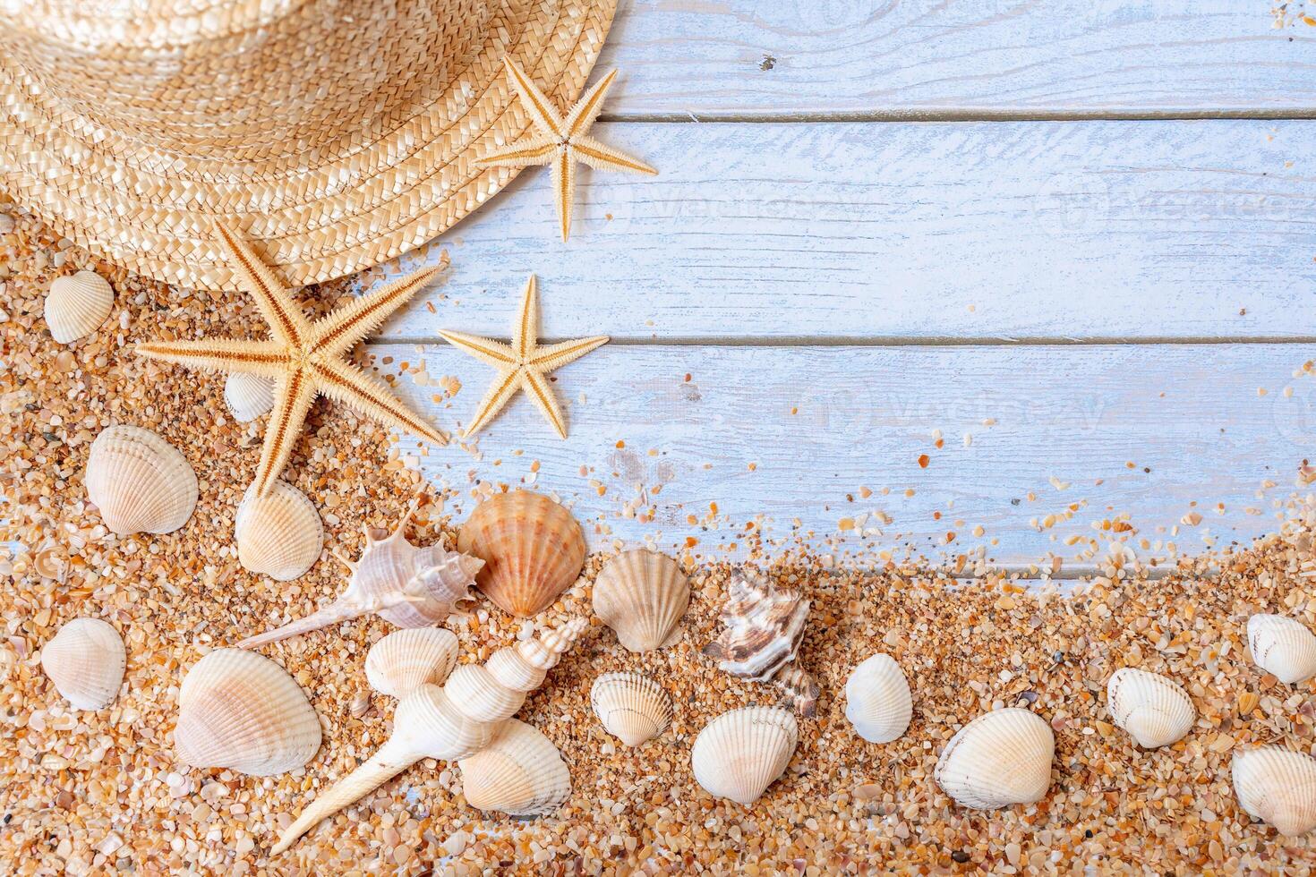 Sand seashells background. Summer time concept with sea shells and starfish on wooden background and sand photo