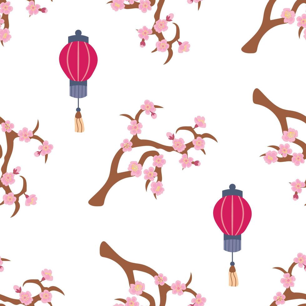 Seamless pattern with blossoming sakura and lanterns. Illustration for the Hanami holiday. Design for fabric, textile, wallpaper, packaging vector